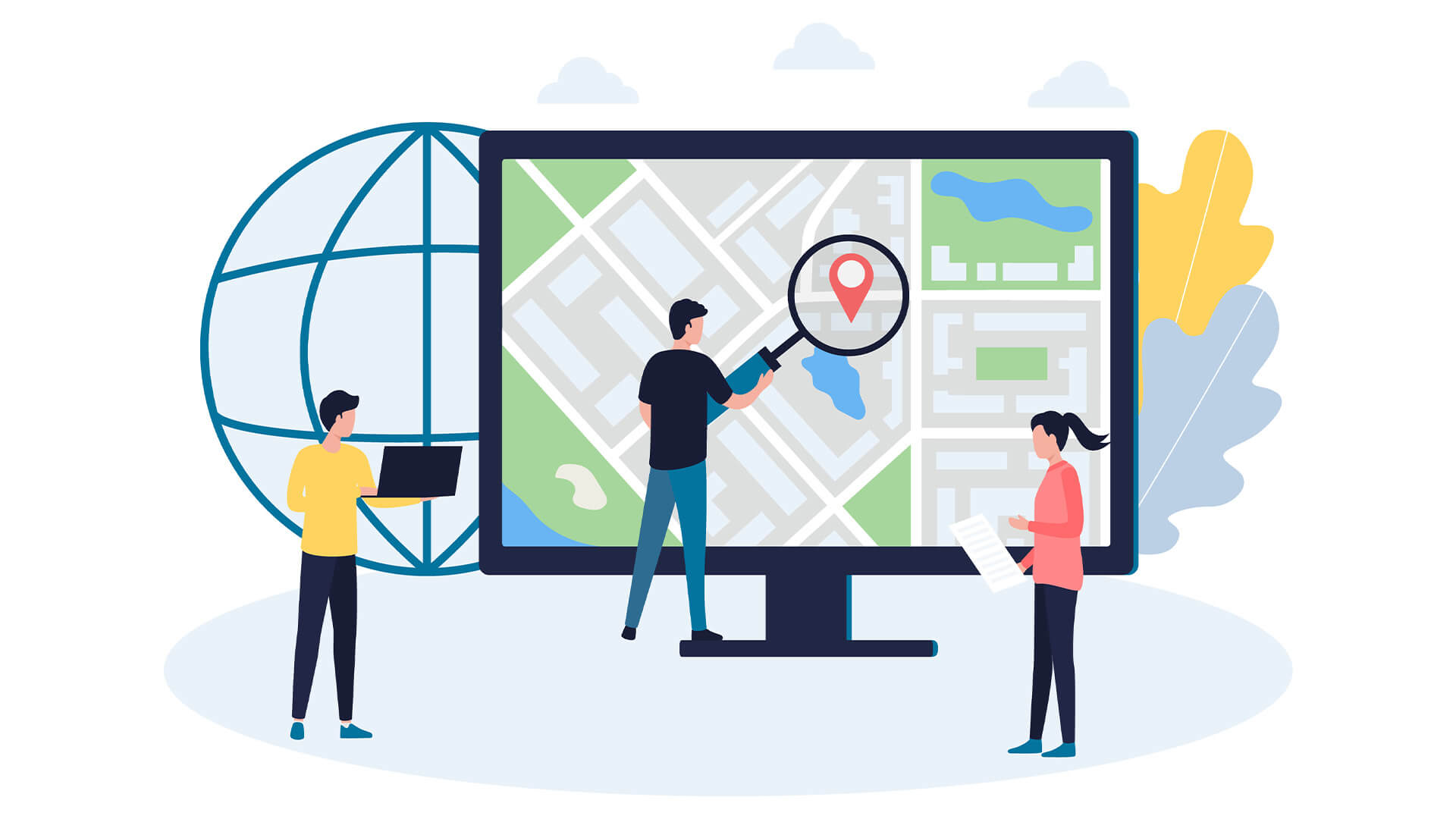 Animated concept: three people lookng at a large screen with a map and pinpoint of the local area
