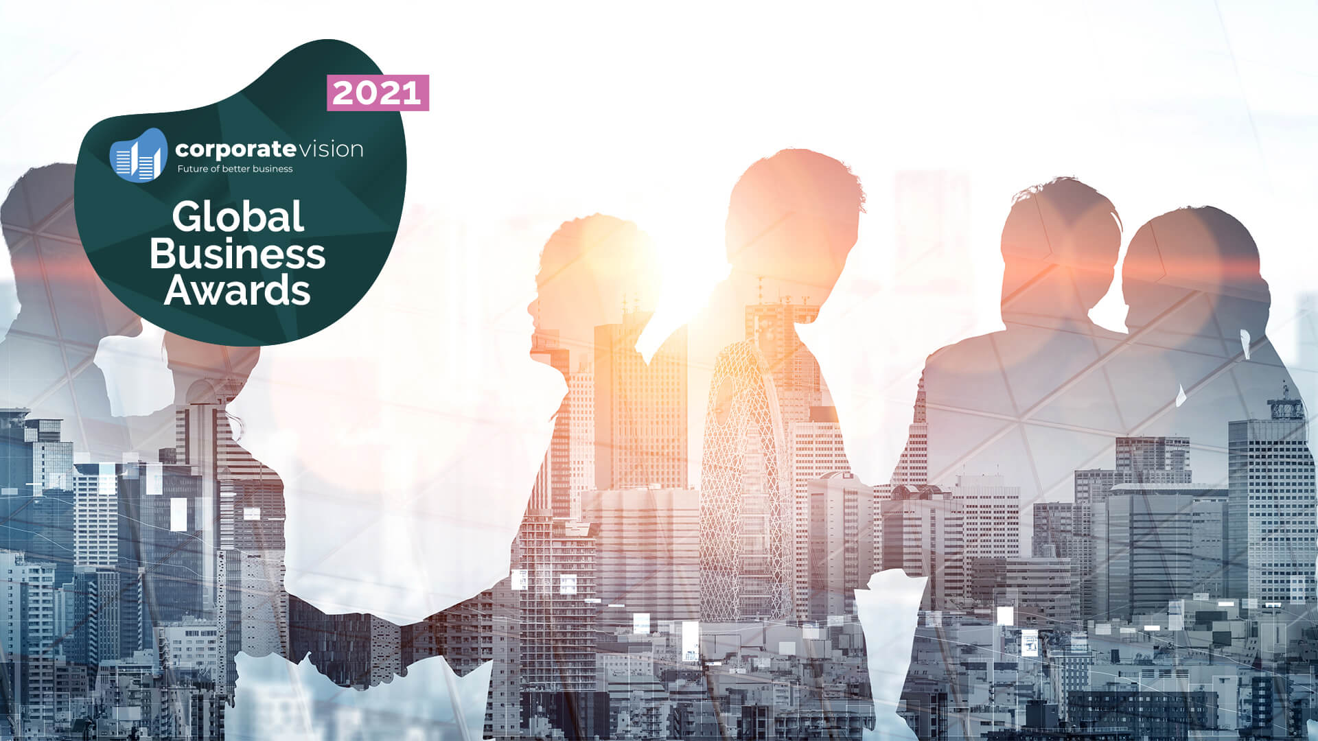 Silhouette of business people shaking hands, with a double exposure of a city skyline in the silhouette
