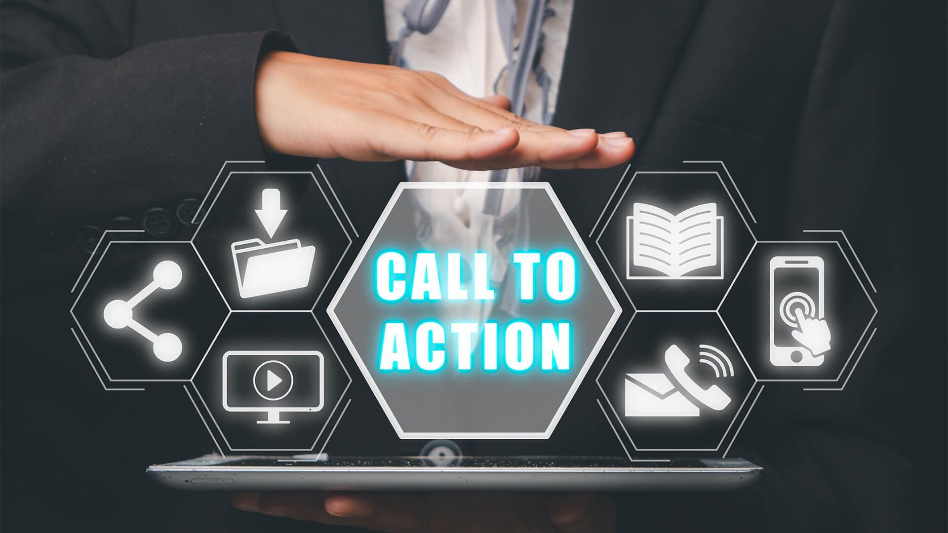 Call to action concept, Person hand holding digital tablet with call to action icon on virtual screen