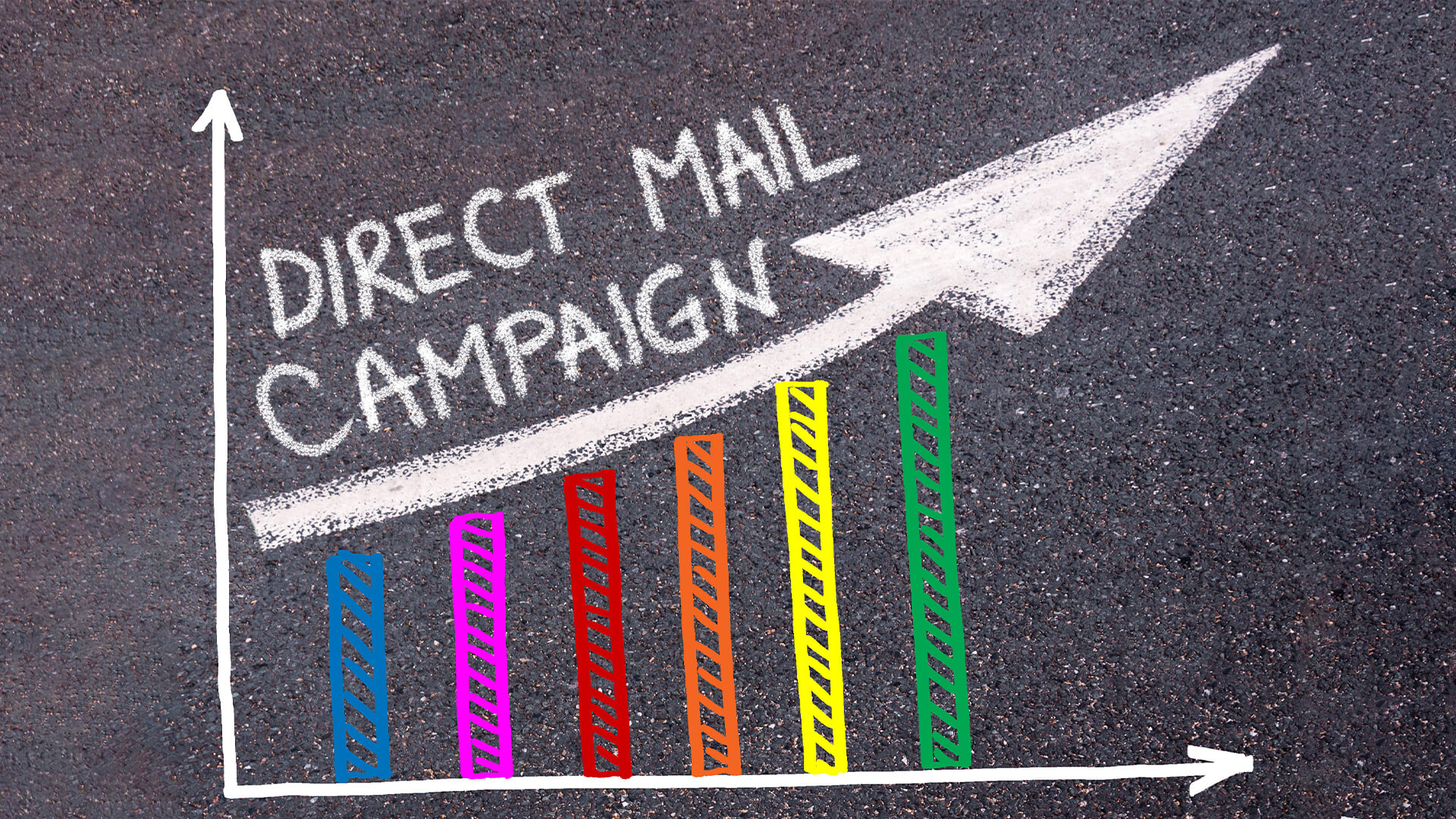 DIRECT MAIL CAMPAIGN written over colorful graph and rising arrow