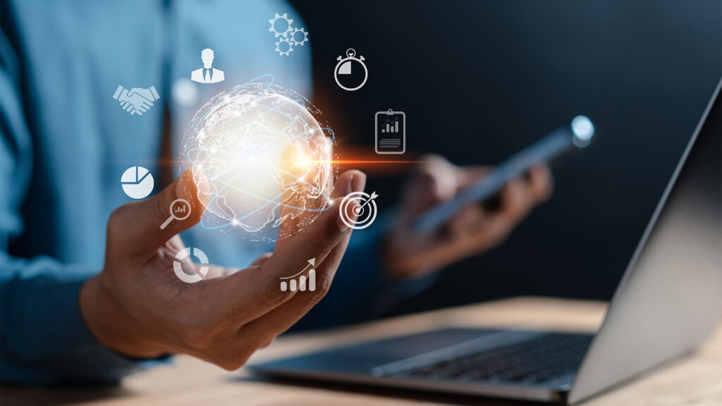 Businessman using computer planning development leadership and customer target group