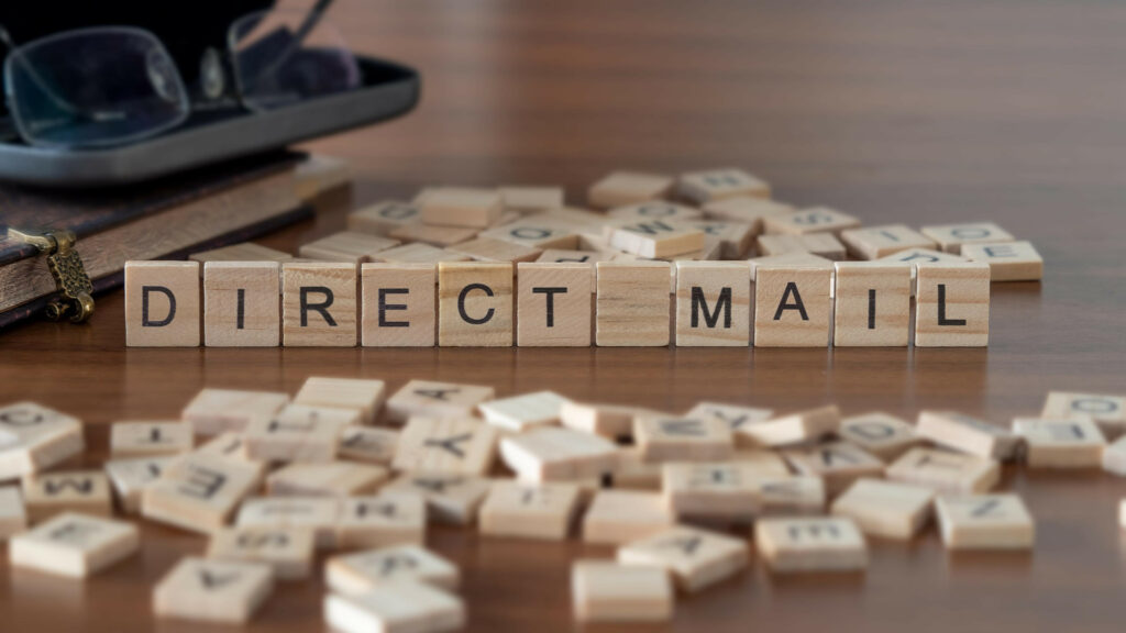 direct mail word or concept represented by wooden letter tiles on a wooden table with glasses and a book