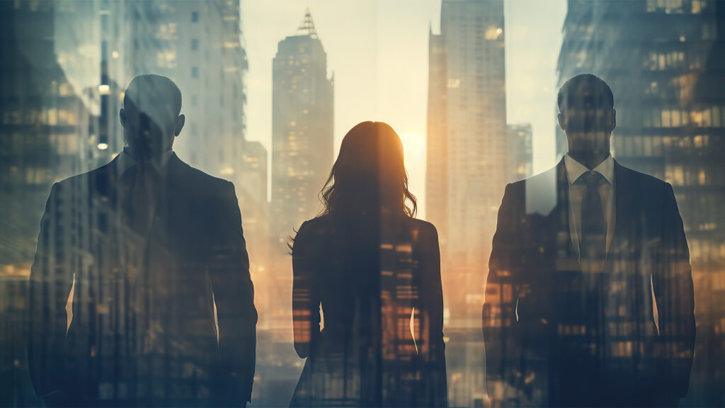 Double exposure, people standing, meeting, office building in background